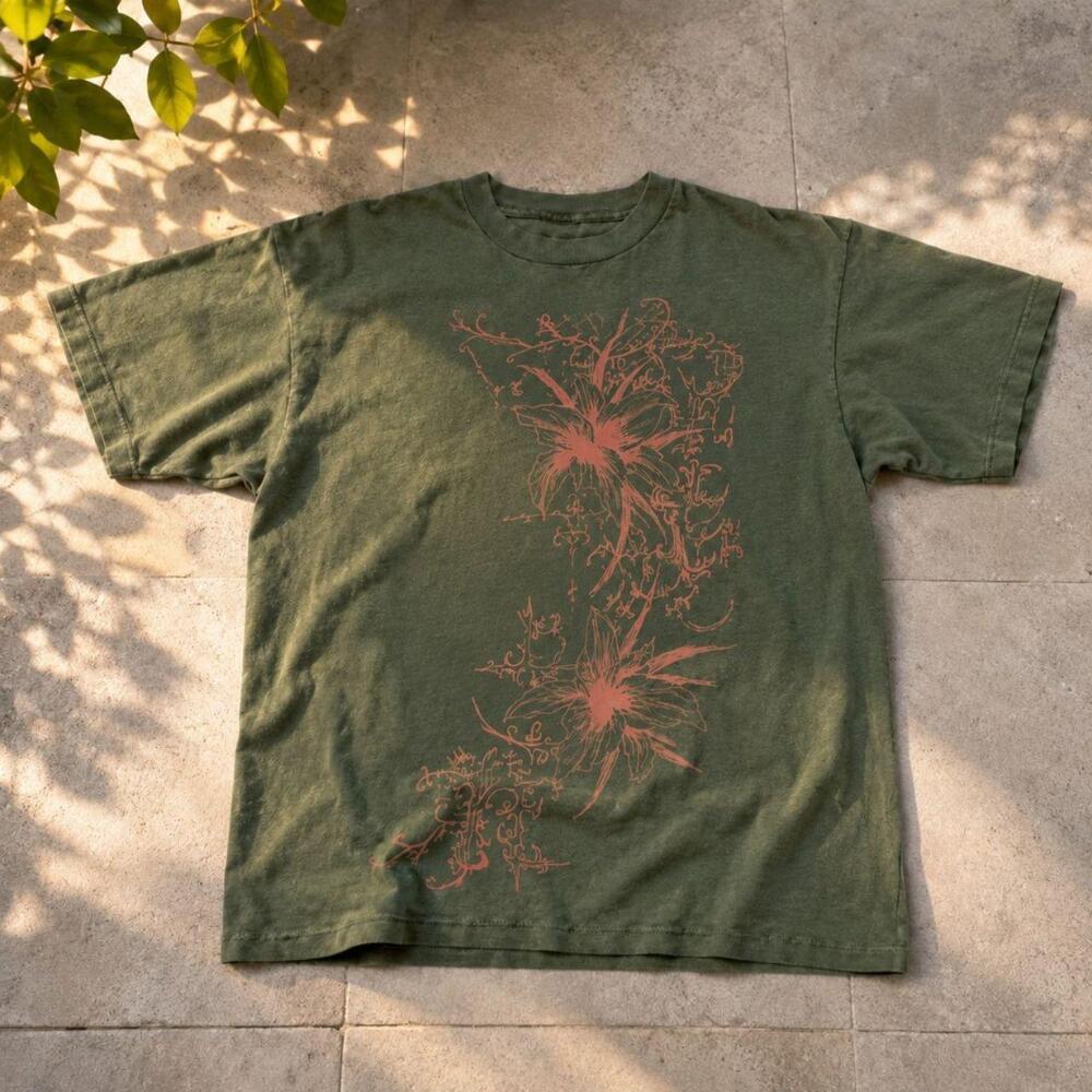 Floral Abstract Line Art Graphic Tee Olive Green Unisex Shirt